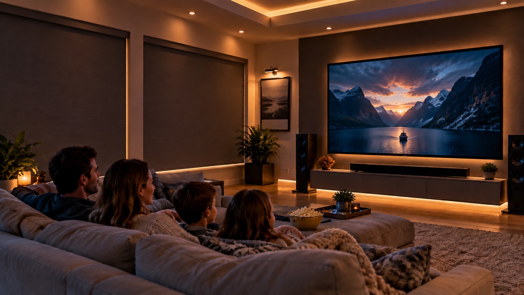 Family enjoying relaxed evening entertainment in a modern shore home