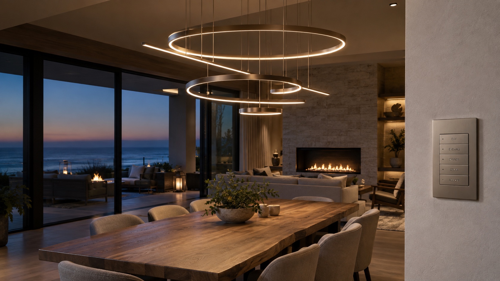 Sculptural ring lighting and a simple scene keypad in a modern coastal home