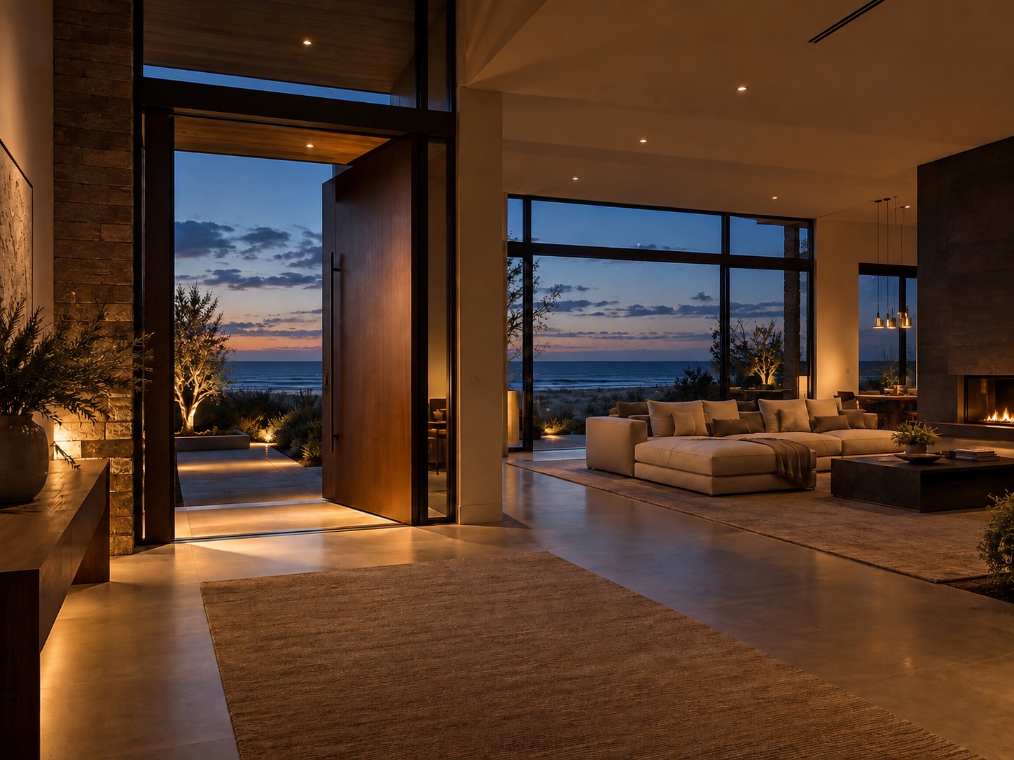 A warmly lit modern home entrance overlooking the ocean at dusk