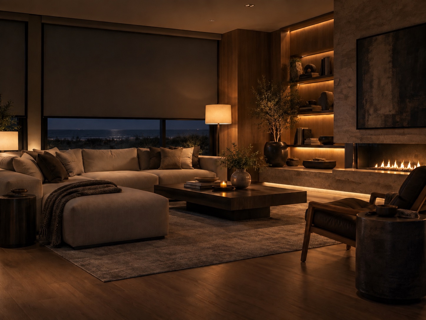 Warm evening lighting in a modern shore home